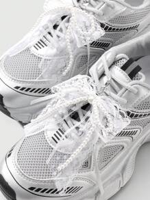 ROMWE Kawaii 2 件/套 韩式简约精致白色仿珍珠串珠蕾丝蝴蝶结鞋饰夹，时尚配饰，适合女性日常穿着和礼物