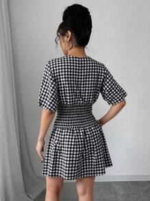 Chiquease Vestido corto negro y blanco con estampado de cuadros con mangas de linterna y cintura ajustada para mujeres - Blanco y Negro - Ver 2