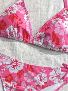 SHEIN Teen Girls Summer Beach Happy Tropical Floral Print Fuchsia Pink Spaghetti Strap Bikini Top