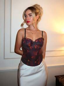 Glamine Sexy Mesh Print Underwire Fishbone Ruffle Hem Camisole Top For Women - Multicolor - View 1