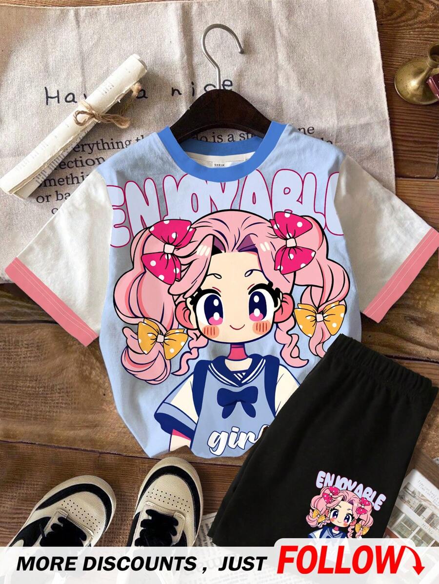 SHEIN 2 件装 Tween Girls 休闲可爱卡通女孩图案 T 恤和短裤套装，夏季 - 彩色 - 查看 1