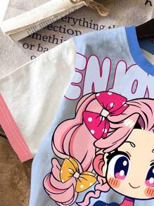 SHEIN 2 件装 Tween Girls 休闲可爱卡通女孩图案 T 恤和短裤套装，夏季 - 彩色 - 查看 4