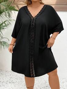 SHEIN CURVE+ Đầm che tay cánh dơi phối ren Guipure cỡ lớn phong cách Boho Holiday - màu đen - Xem 4