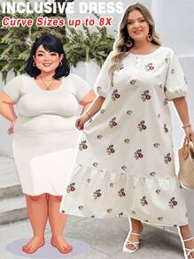 SHEIN CURVE+ Plus Size Bloemenprint Ruffle Zoom Bedekkende Jurk, Geschikt Voor Vakantie, Geweldig Voor Strand/Casual/Vakantie/Loungewear