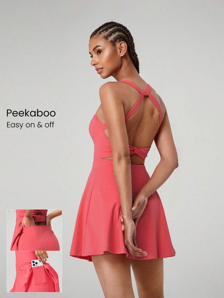 FeatherFit™-Air Game Set A-Line Built-In Peekaboo Short Knotted Pocket Halter Dress Low Impact Daily Summer Quick Dry Moisture Wicking