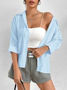 SHEIN PETITE Áo sơ mi trắng tay cánh dơi trơn màu trắng mùa xuân - Màu xanh nhạt - Xem 4