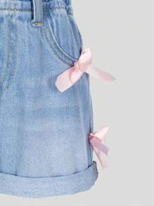 Baby Girls Cute Light Blue Washed Denim Color Bow Ruffled Hem Elastic Waist Casual Versatile Denim Shorts - Light Wash - View 8