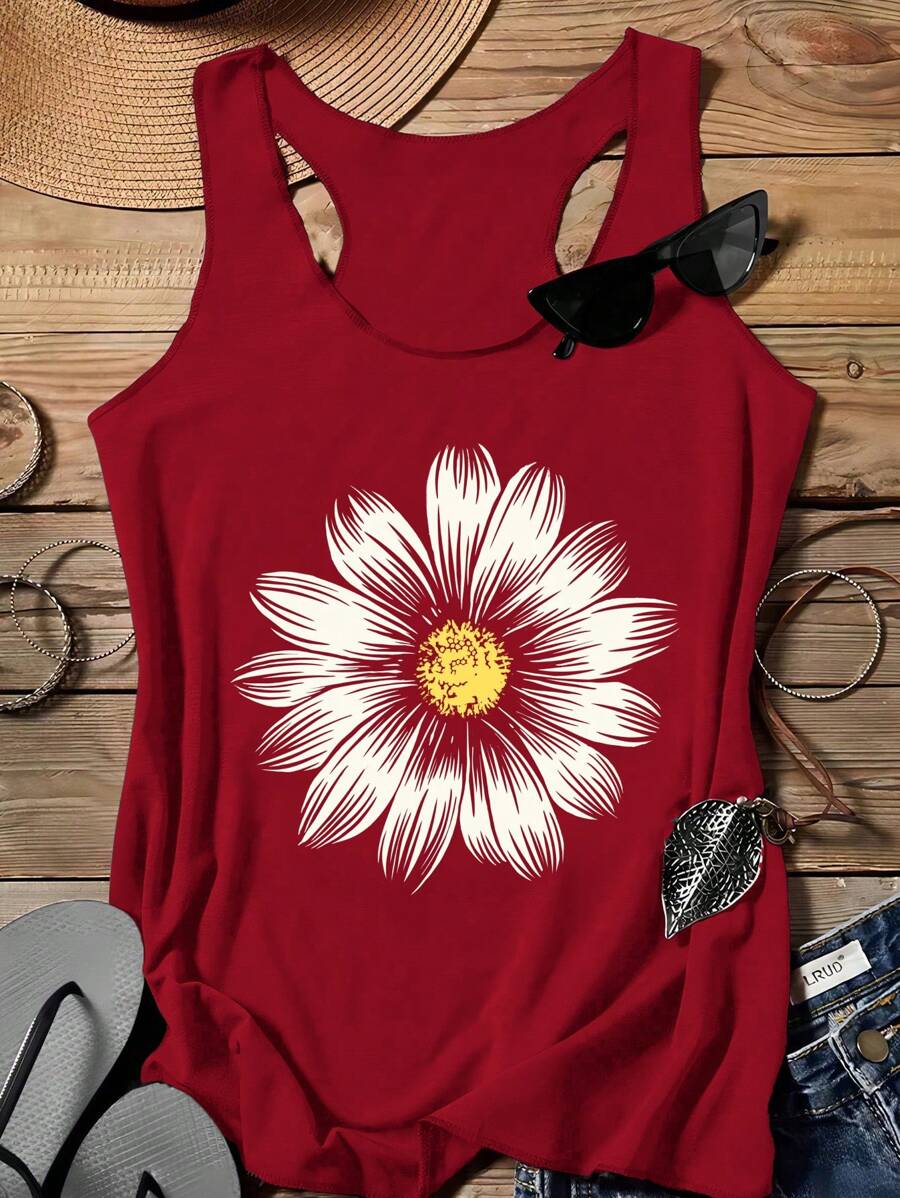 EMERY ROSE 女士休闲简约雏菊图案印花吊带背心，夏季 - 酒紅色 - 查看 1