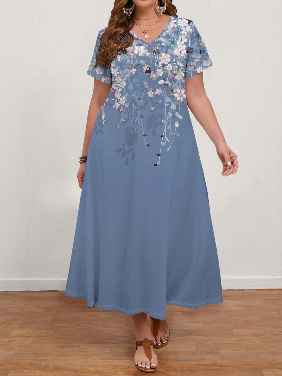 EMERY ROSE 大码女式渐变花卉 V 领短袖连衣裙，休闲简约风格，适合夏季 - 淡紫色 - 查看 1