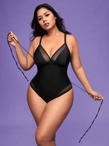 SHEIN Swim Curve 25pcs Functional Plus Size Mesh Patchwork One-Piece Swimsuit For Summer Beach Vacation - Black - View 4