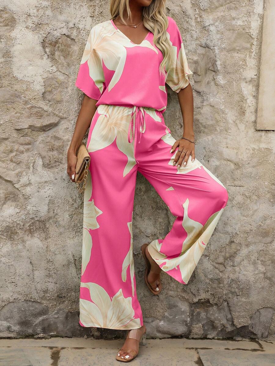 SHEIN Clasi 2pcs/Set Summer Floral Print V-Neck Top And Wide Leg Pants,Summer Sets - Hot Pink - View 1