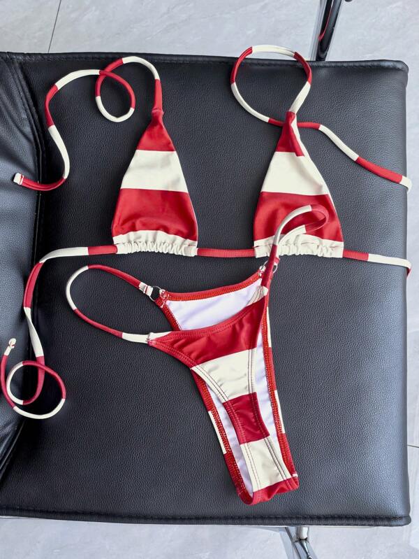 Swim Vcay Set bikini sexy cu dungi roșii și albe cu micro top și fund tanga, costum de baie