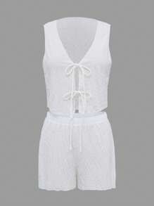 SHEIN Swim Summer Holiday Solid Color Drawstring Sleeveless Casual Woman Tank Top And High Waist Loose Shorts - White - View 4