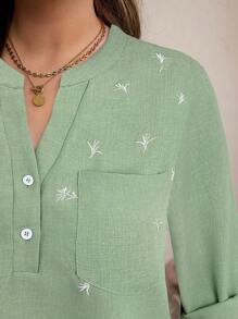 EMERY ROSE Plus Size Vintage Print Small Floral Embroidery Craft Stand Collar Adjustable Cuff Loose Blouse Fall Holiday Mother Day Summer Simple & Fashionable - Mint Green - View 3