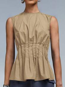 Athîral Women's Sleeveless Top With Pleated Waist And Round Neck - Brown - View 4