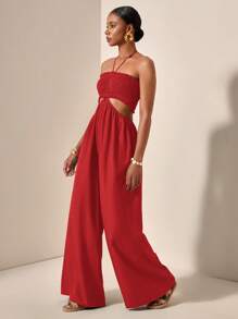 Slaydiva Women's Solid Color Sleeveless Hollow Out Casual Jumpsuit For Summer