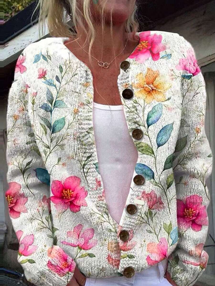 SHEIN LUNE 全新女式纽扣印花花卉和树叶图案薄款圆领长袖休闲开衫 - 米色 - 查看 1