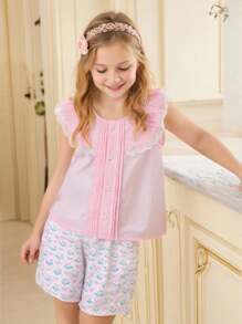 SHEIN Summer Retro Ruffled Pink Short Sleeve Blouse And Floral Print Shorts Set For Young Girls - Maroon - View 2