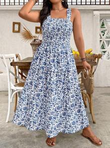 Breezaya Plus Size Women Ditsy Floral Waist-Defined Cami Dress, Summer Resort Wear - Blue and White - View 3