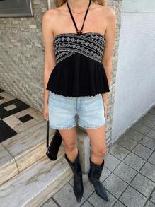 SHEIN Forever 21 Áo sơ mi cổ yếm tối giản dành cho nữ, phù hợp cho mùa hè - màu đen - Xem 7