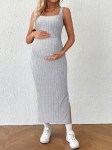 SHEIN 孕妇夏季休闲纯色扭背连衣裙 - 淺灰色 - 查看 6