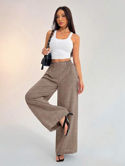 SHEIN PETITE กางเกงขายาวเอวกว้างสีน้ำเงินแบบชิลล์ ๆ สำหรับผู้หญิง