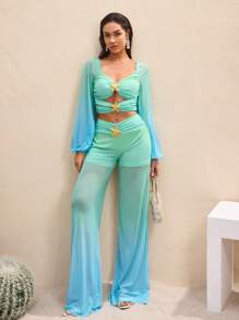 BY FELIZIA 蓝绿渐变印花网纱泡泡袖长袖金色海星褶皱镂空短款度假上衣女上衣 - 彩色 - 查看 4