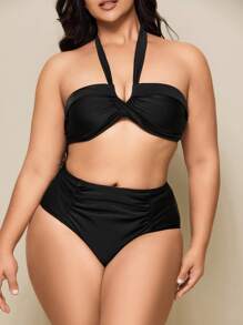 SHEIN Swim Plus Size Solid Color Simple Beach Swimsuit Set For Summer Beach Vacation - Black - View 3