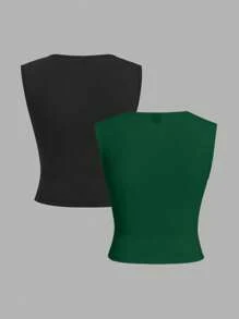 SHEIN EZwear Two-Piece Set Charcoal Green Knit Women's Basic Slim Fit Tank Top