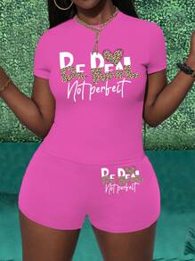 INAWLY Leopard Print & Slogan Pattern Casual 2 Pieces Set For New Year Clothes - Hot Pink - View 3