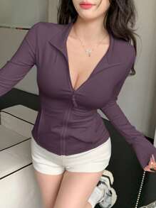 DAZY Women's Casual Solid Zipper Front Jacket, Spring,Fall Women Clothes Women Coats - Dusty Purple - View 3