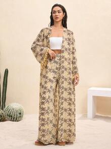 BY FELIZIA Light Apricot Summer Palm Tree Print Chiffon Long Beachwear Vacation Resort Wear New Arrivals Summer Long Kimono For Women - Multicolor - View 6