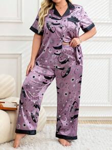 Conjunto de pijama de satén en talla grande con estampado de estrellas y luna creciente en color morado