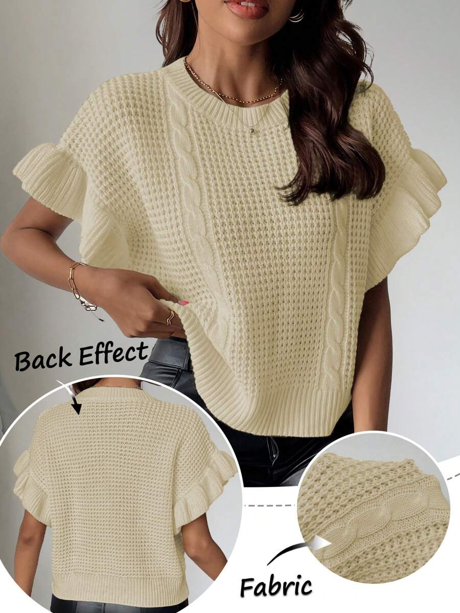 SHEIN Unity Women's Casual Knitted Vest With Ruffle Hem And Cable Cable Pattern - Apricot - View 1
