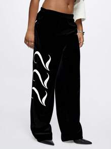 SUMWON WOMEN 天使标志运动裤 法式毛圈布 家居服 松紧腰慢跑裤 运动街头装 运动休闲 舒适健身 节日礼物 - 黑色 - 查看 2