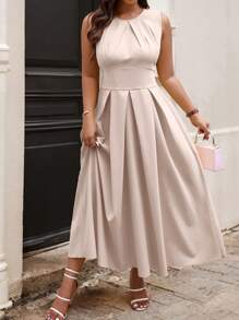 Cravure 加大码纯色圆领褶皱休闲夏季长款女装 - 粉色 - 查看 3