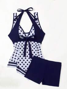 SHEIN 2pcs/Set Summer Elegant Bowknot Solid Splice Polka Dot Print Flounce Crop Top And Solid Color Briefs Tankini Swimwear - Multicolor - View 5