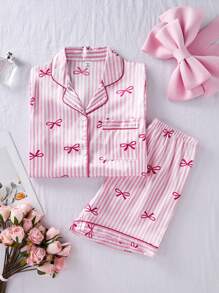 SHEIN 少女粉色蝴蝶印花上衣，带领带和系带，长袖和长裤 2 件套睡衣套装，优雅风格