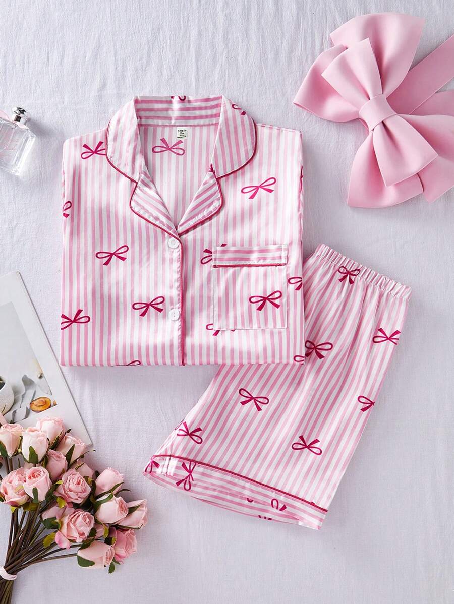 SHEIN 少女粉色蝴蝶印花上衣，带领带和系带，长袖和长裤 2 件套睡衣套装，优雅风格