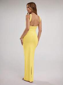 SHEIN BAE Đầm suông cổ yếm xếp ly màu trơn thanh lịch cho nữ - Màu vàng - Xem 2