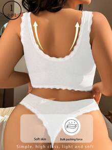 Set de 2 piezas Sujetador inalámbrico y conjunto de bragas con encaje contrastante, talla grande, cómodo