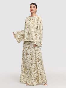 Veilorie 2 件套女士简约时尚休闲长袖上衣和裙子套装，适合日常穿着 - 黃色 - 查看 6