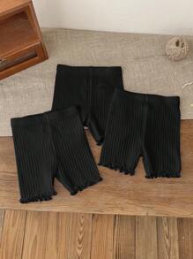 SHEIN Leap Crew 3pcs Set Young Girl Solid Color Fitted Casual Leggings - Black - View 4