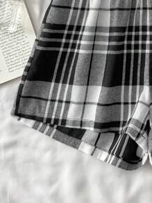SHEIN Conjunto de Pijama em 2 peças de Regata com Estampa de Estrelas Minimalista e Shorts Xadrez para Adolescentes, Roupa de Descanso Casual e Confortável