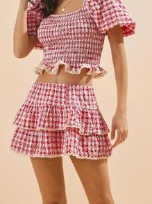 WESTFADE Western Summer Floral & Eyelet Embroidery Gingham Drop Waist Ruffle Tiered Mini Skirt Spring Break Beach Vacation - Red - View 1