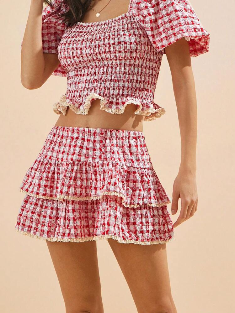 WESTFADE Western Summer Floral & Eyelet Embroidery Gingham Drop Waist Ruffle Tiered Mini Skirt Spring Break Beach Vacation - Red - View 1