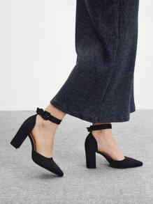 CUCCOO BIZCHIC Women's Fashion Black Suede Material Ankle Strap Buckle Pointed Toe Comfortable Chunky Heel Pumps, Suitable For Commuting, Dating, Gatherings, Festivals, And Party Occasions For Christmas - Black - View 5