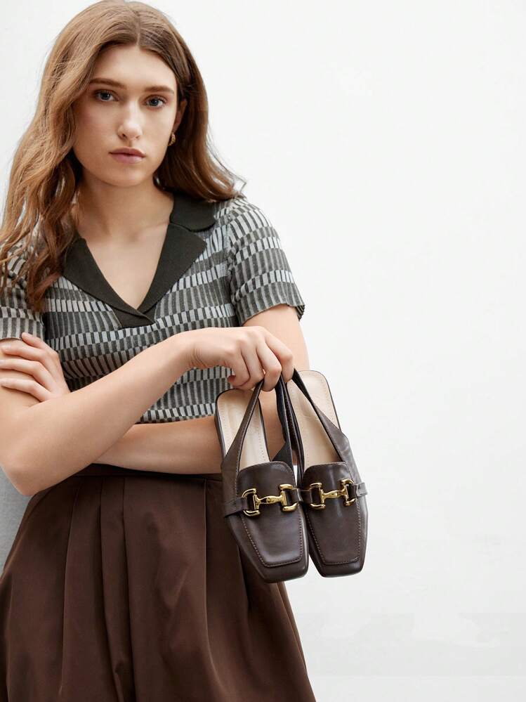 CUCCOO BIZCHIC Women's Square Toe Chunky Heel Metal Chain Strap Flats, Minimalist Style, Suitable For Vacation, Outing, Commuting, Casual Wear - Brown - View 4