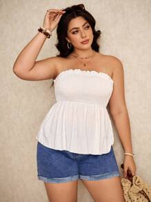 Elaquor Plus Size Solid Color Shirred Bodice Summer Boho Strapless Top - White - View 5