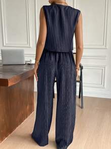 Siren Gaze 女士条纹单排扣背心和裤子两件套休闲套装 - 藏蓝色 - 查看 2